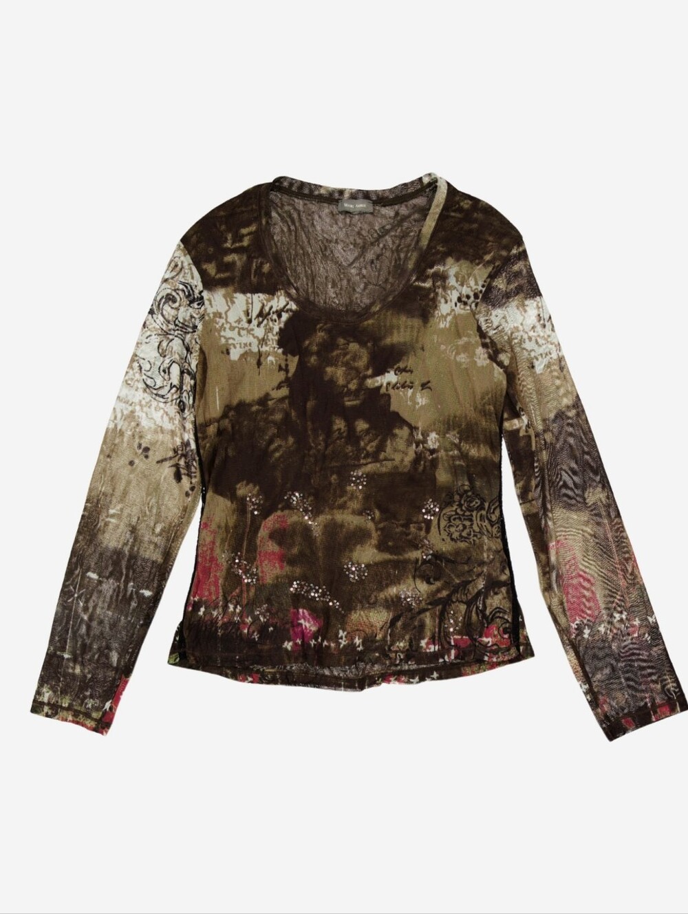 Vintage Y2k Mesh Art Charcoal Mixed-Print Long Sleeve Top!